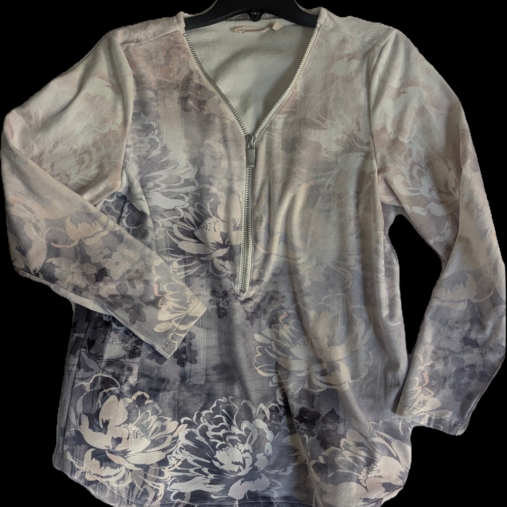 Soft Surroundings Floral Ombre Half-Zip Long Sleeve Top - Light Gray & White.